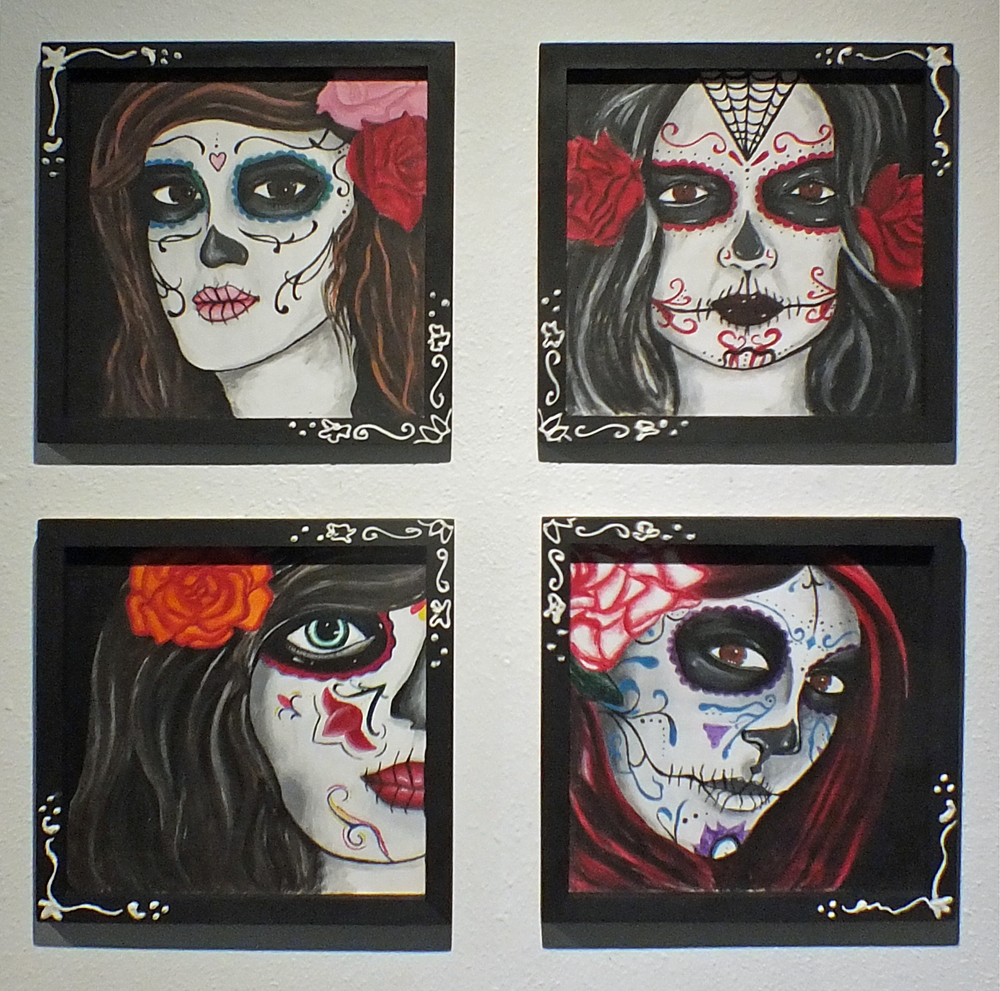 Dia de los Muertos Mujer 1-4, Rebecca Harkness, acrylic paint and modeling paste on panel