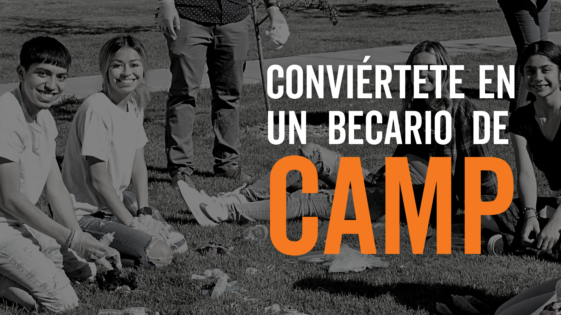 Camp students tie dying shirts on ISU quad. Text reads - conviertete en un becario de CAMP