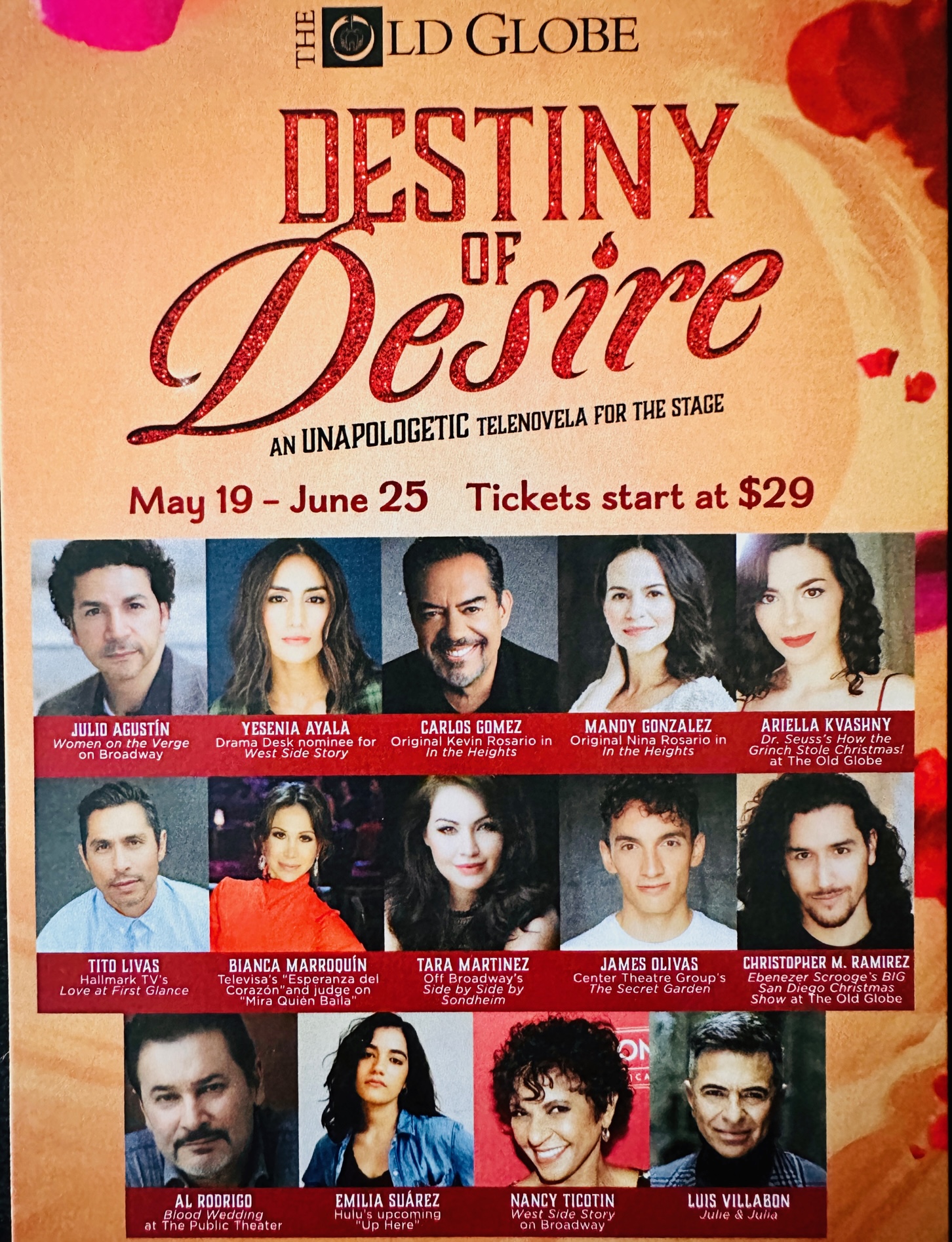 The playbill for the Old Globe production of Destiny of Desire with photos of the cast