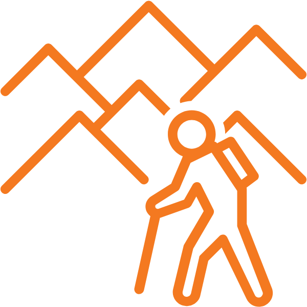 An orange line drawing depicts a person hiking through mountains with a walking stick.