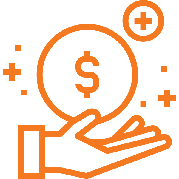 An orange line drawing depicts a hand, palm upwards, gesturing to a dollar sign with a circle around it.