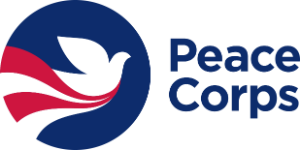 The Peace Corps logo: A dark blue circle with a white bird shaped like a dove. Underneath the bird are read and white wavy lines.