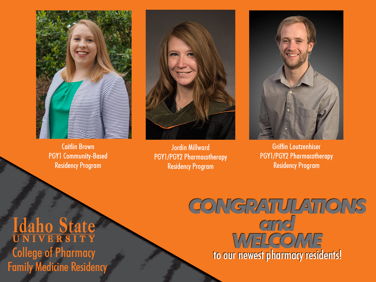 Orange and gray background with 3 photos of pharmacy residents. 