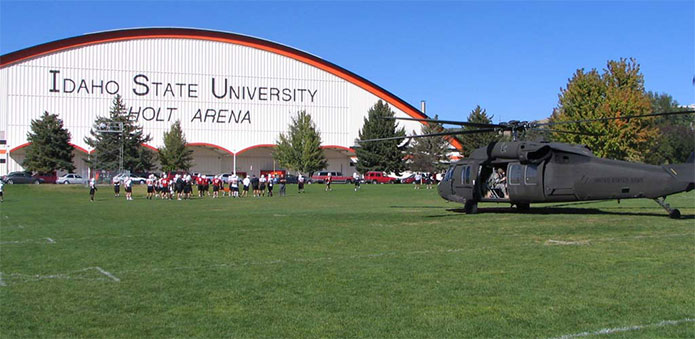 Helicopter in front of the Holt Arena