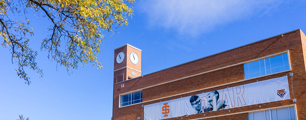 A view of the clock tower at the Student Union Building
