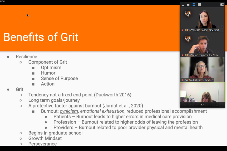 An orange background. The benefits of grit are listed.
