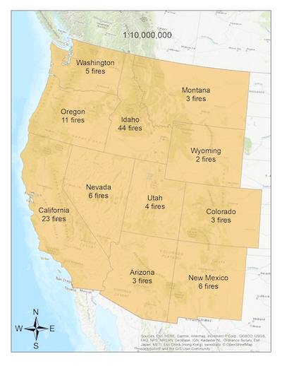 Map showing number of fires in each of the western states where the RECOVER tool has been used.