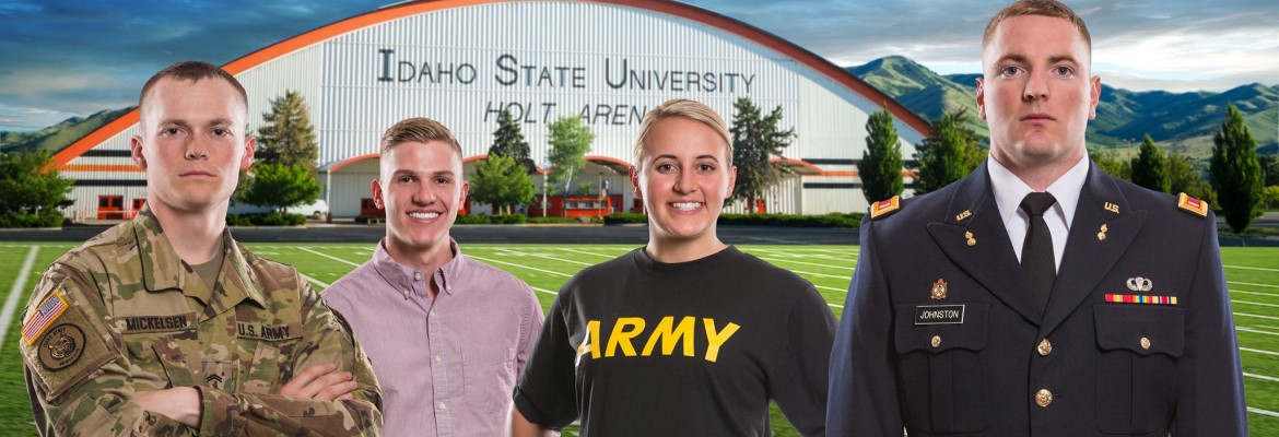 Four ISU Army Cadets in front of Holt arena wearing the Army Combat Uniform, Business Casual, Physical Training Uniform, and the Army Service Uniform. 