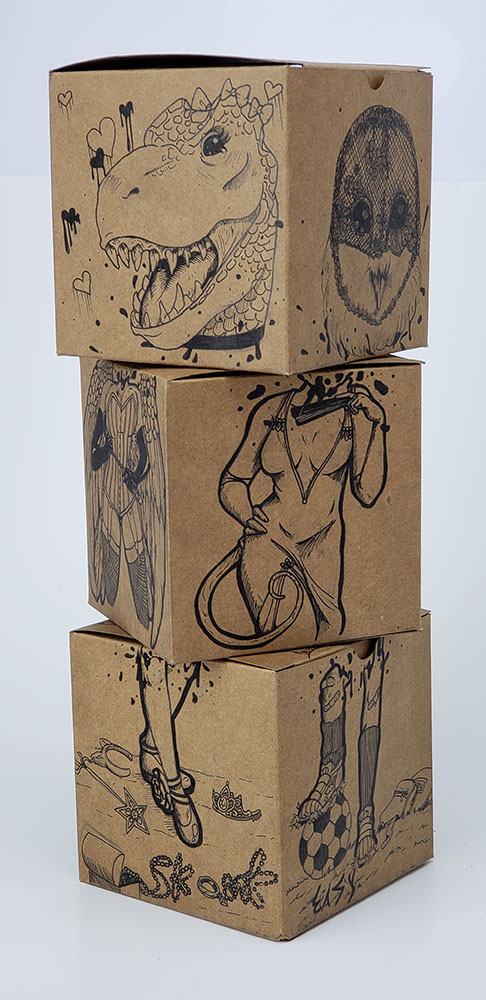 Exquisite Corpse Boxes - Mariah Larson - ink on cardboard