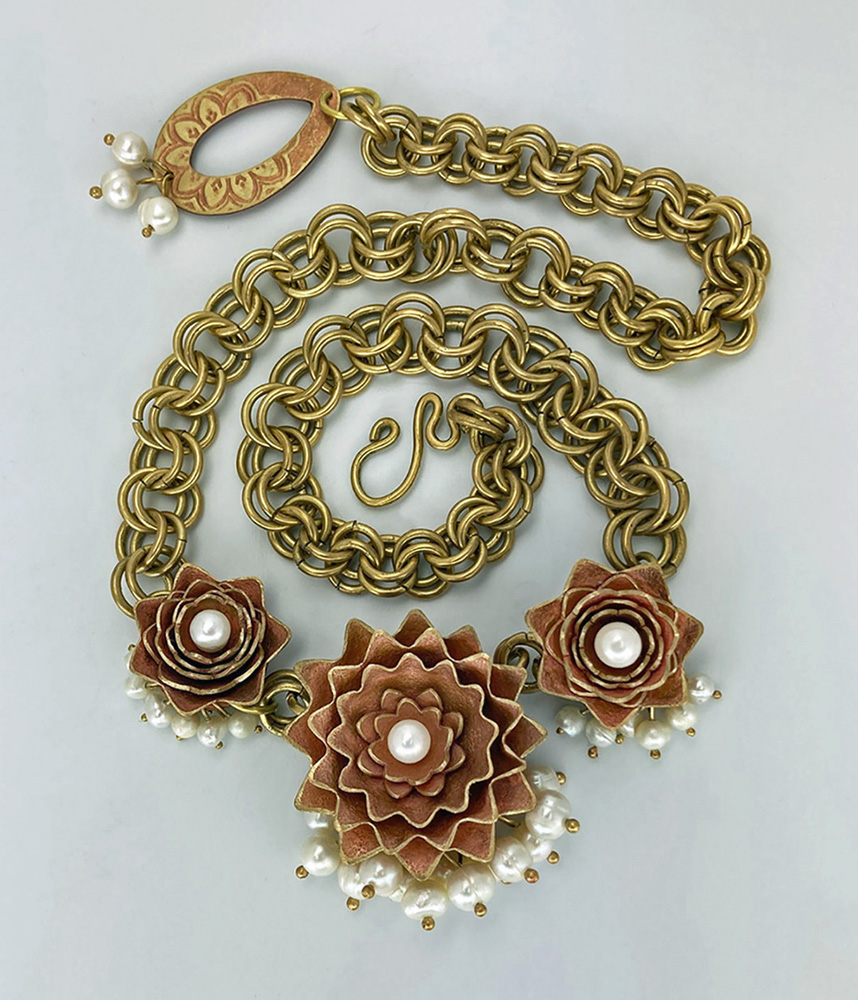 Traditional Style Flower Necklace, Miranda Sutherland - brass, copper, and cultured freshwater pearls