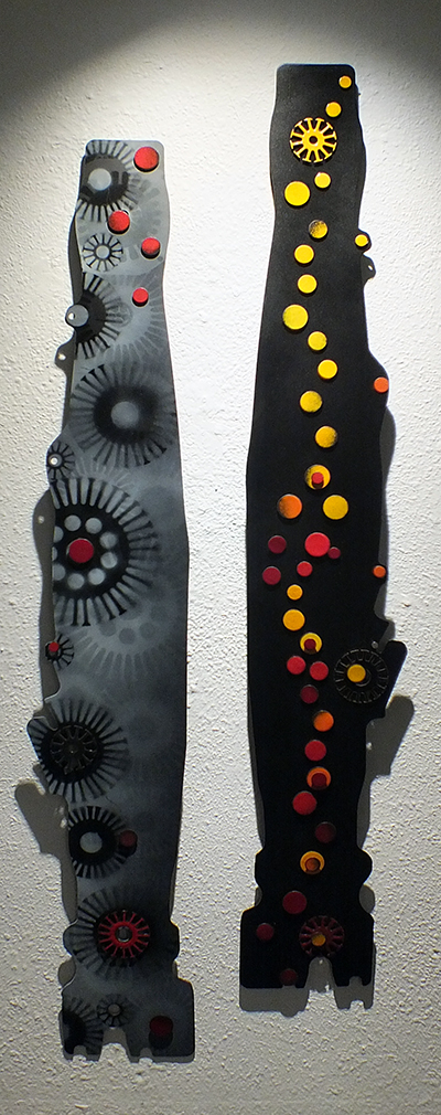 Kristi Glick - Scatterpin #19 and #20 - found steel, copper, enamel, magnets, paint