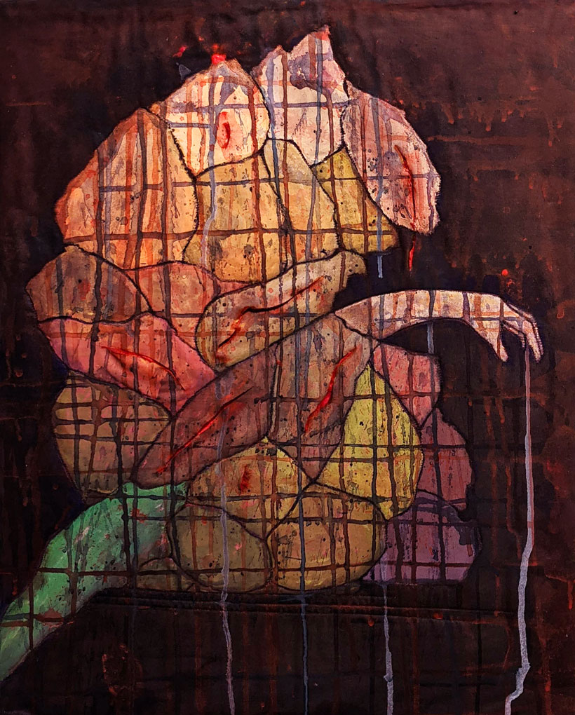 Helen O'Hara - Coming Out - Mixed media quilt mounted on canvas