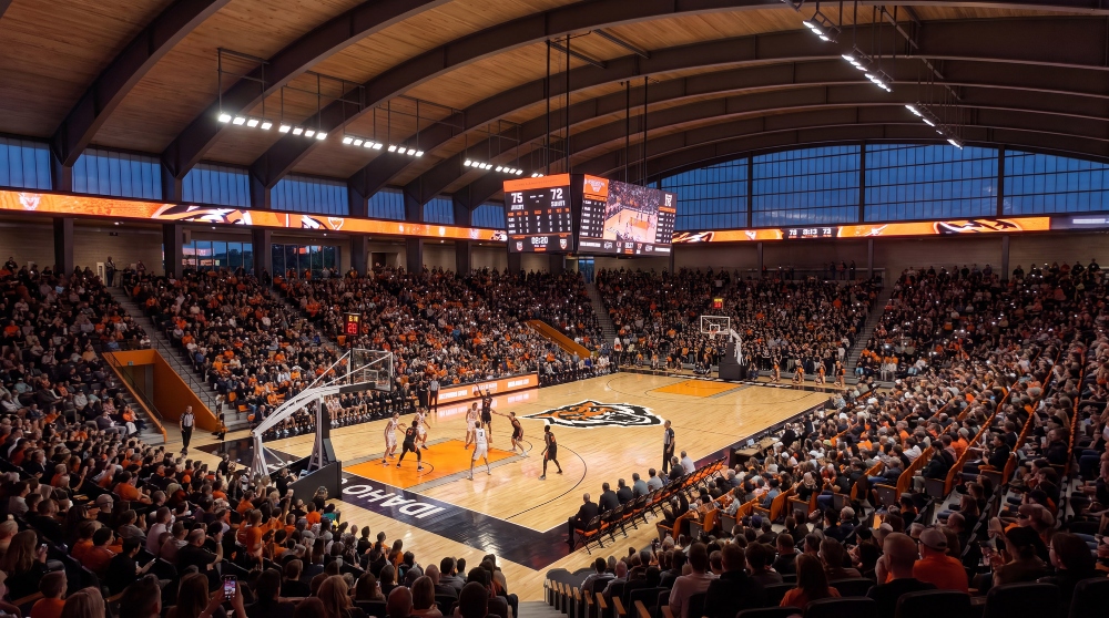 Rendering of a basketball game in the arena