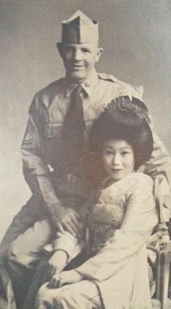 Wedding photo of Coy and Teruko Tibbs. Coy is in Army uniform and Teruko is in traditional kimono dress.