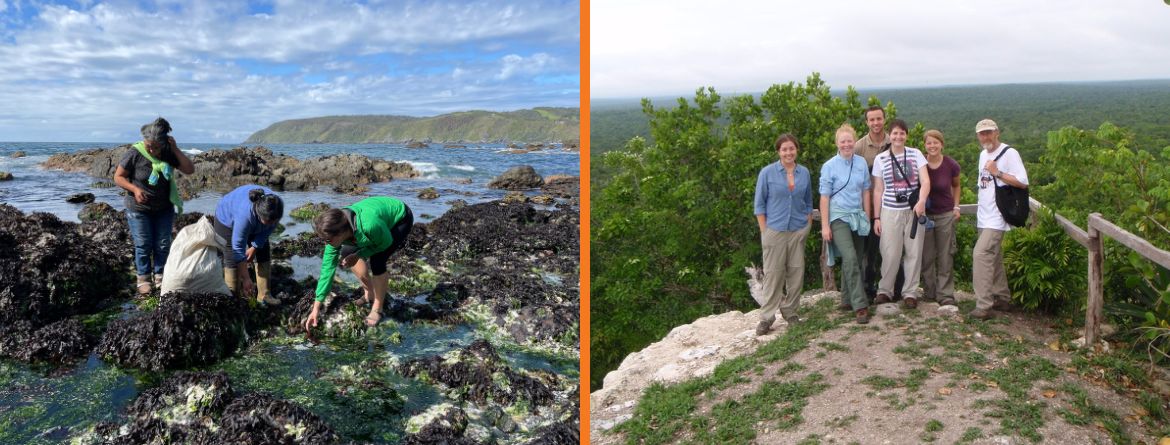 Student and Chilean women gathering seaweed on shore;