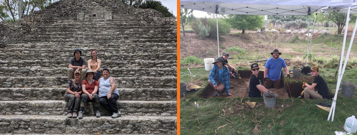 Students on a field work dig under a tent