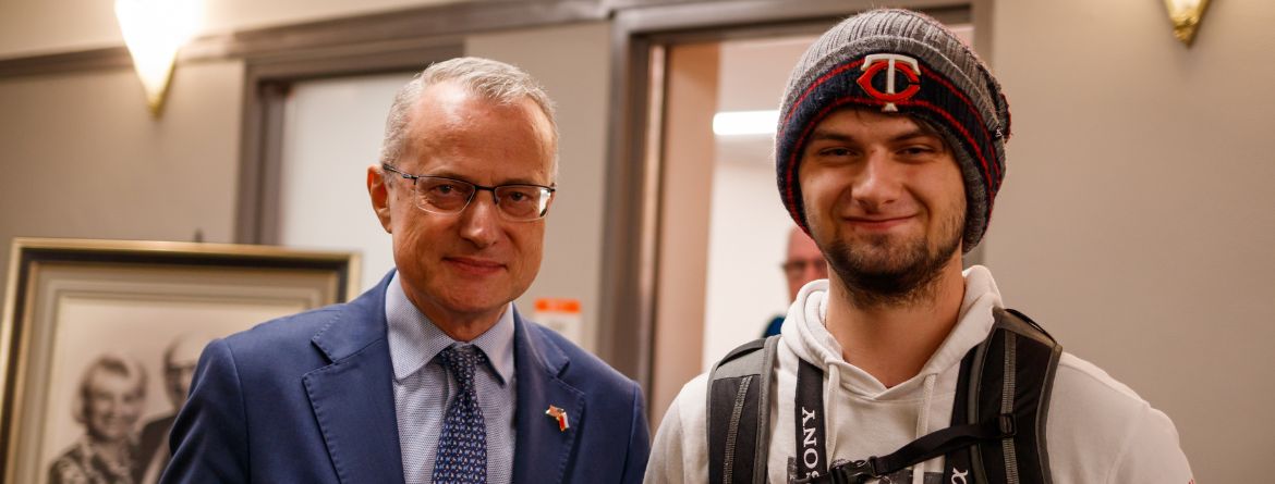 The Polish Ambassador to the United States, Marek Magierowski, stands with ISU student, Thomas Curtis
