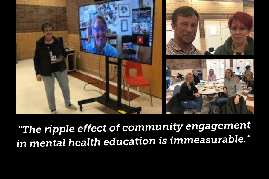 Three photos: a woman stands next to a large TV with another woman on it who is smiling. Two teachers smile for the camera. A group of teachers at a table turn toward the camera and smile.