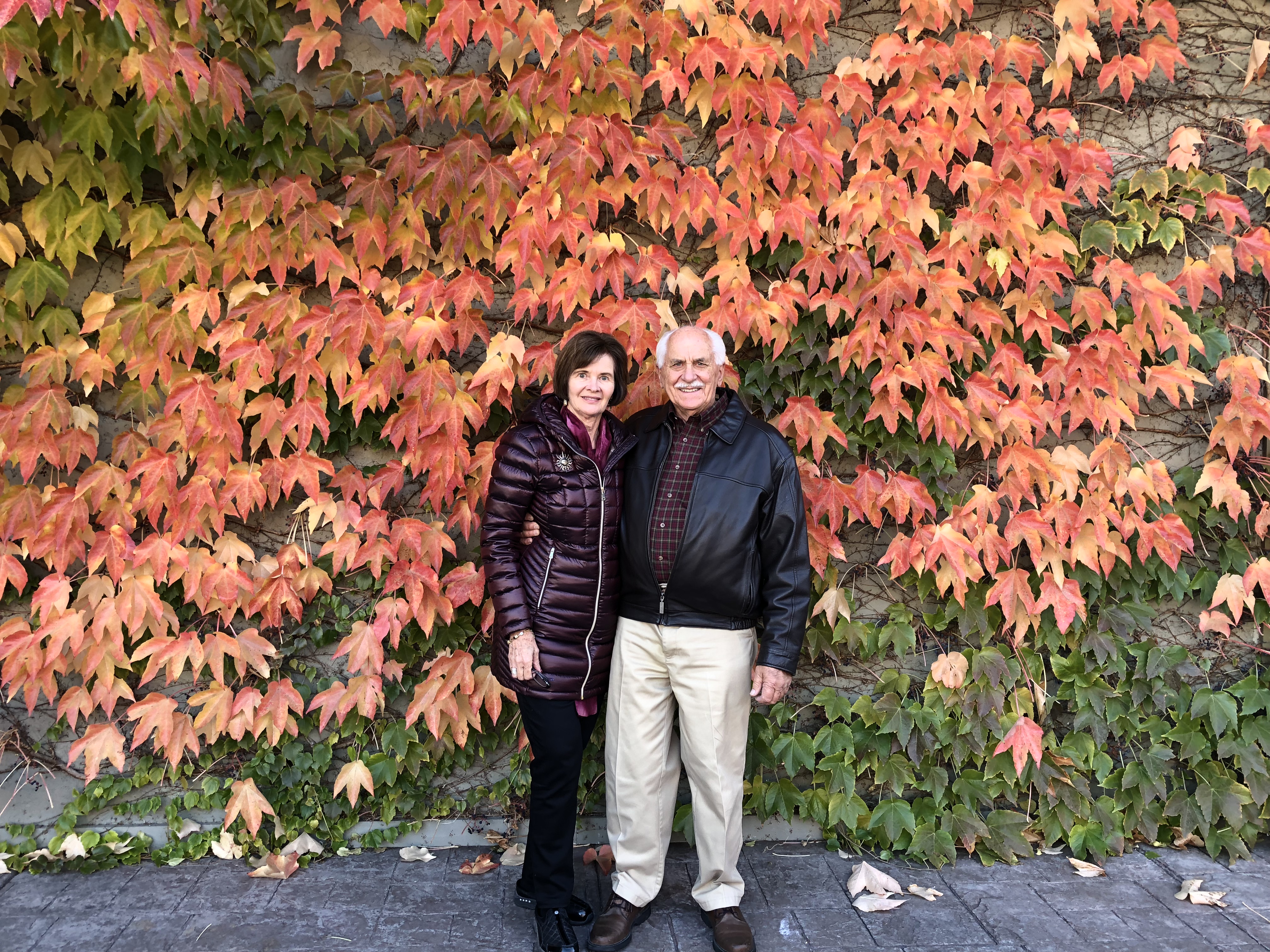 Roy and Sue Miller stand in front of a colorful red and orange display of fall foilage