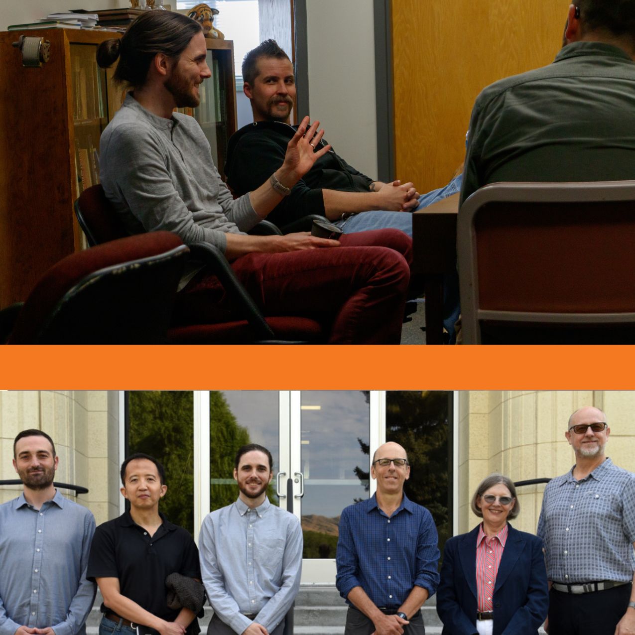 The top picture is of faculty members sitting around a large table having a discussion. One person is smiling and one is laughing. The second photo is the 6 faculty members standing outside the Liberal Arts Building.