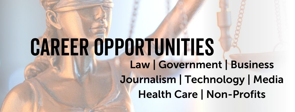 Close up of the metal justice figurine holding scales with text Job Opportunities: law, business, technology, media, government, journalism, health care,