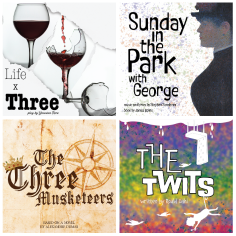 Life X Three poster image: Three wine glasses with red wine. The first wine glass is half full. The next wine glass has wine being poured into it. The third wine glass is lying broken and wine is spilled. Poster includes the title of the play, 