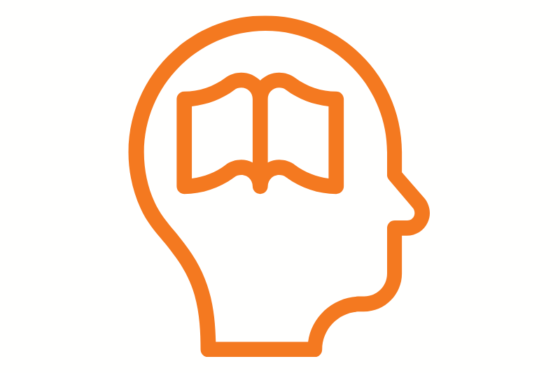 An orange-line drawing depicting an open book
