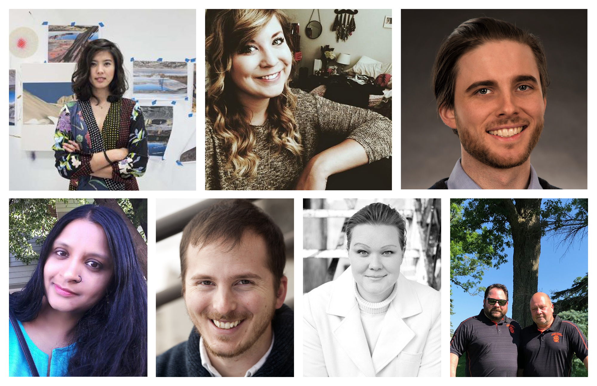 New Fine Arts and Humanities faculty members Leekyung Kang, Kelly Lonergan, Evan Rodriguez, Neelam Sharma, Joel Shura, Julie Sorenson, and Andrew Wrobel.