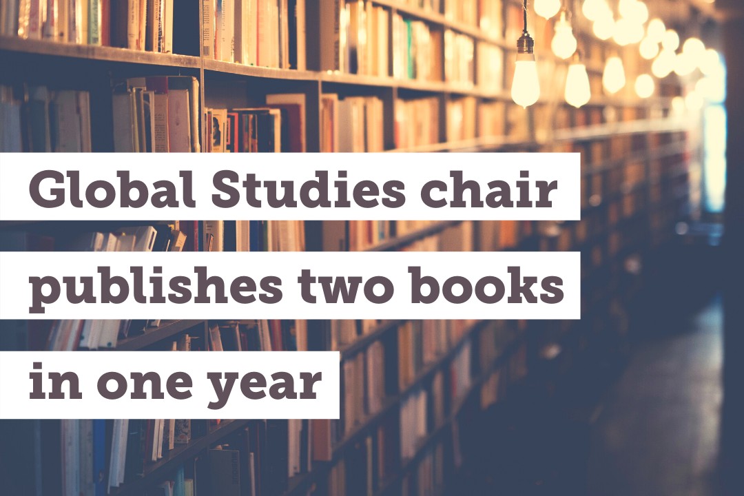 Photo of a long bookshelf, with text overlay: 