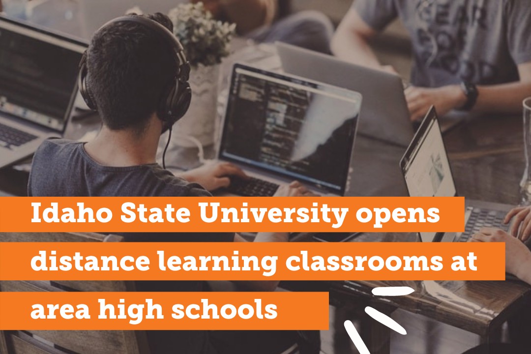 Students work on laptops together. A text overlay reads: 