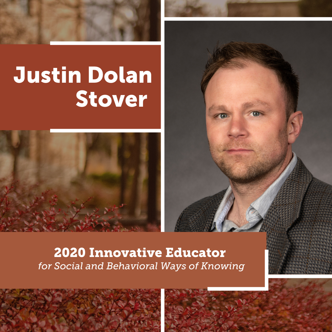 Photo collage with fall photo and headshot of Justin Dolan Stover. Text overlay reads: 