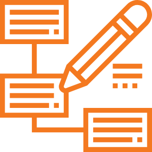 An orange line drawing depicts a pencil drawing several interconnected boxes.