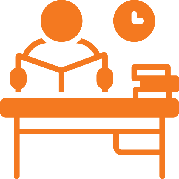 An orange line drawing depicts a person reading a book at a desk, with stacks of books next to them.