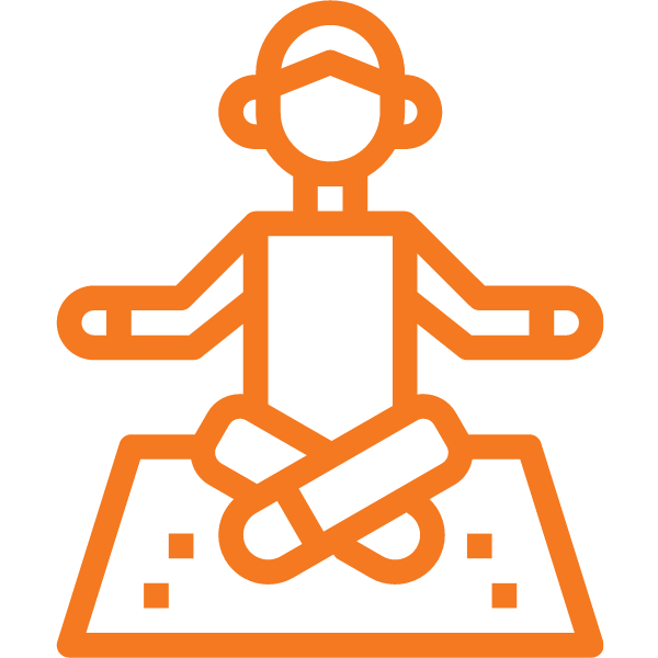An orange line drawing depicts a person sitting cross-legged on a yoga mat.
