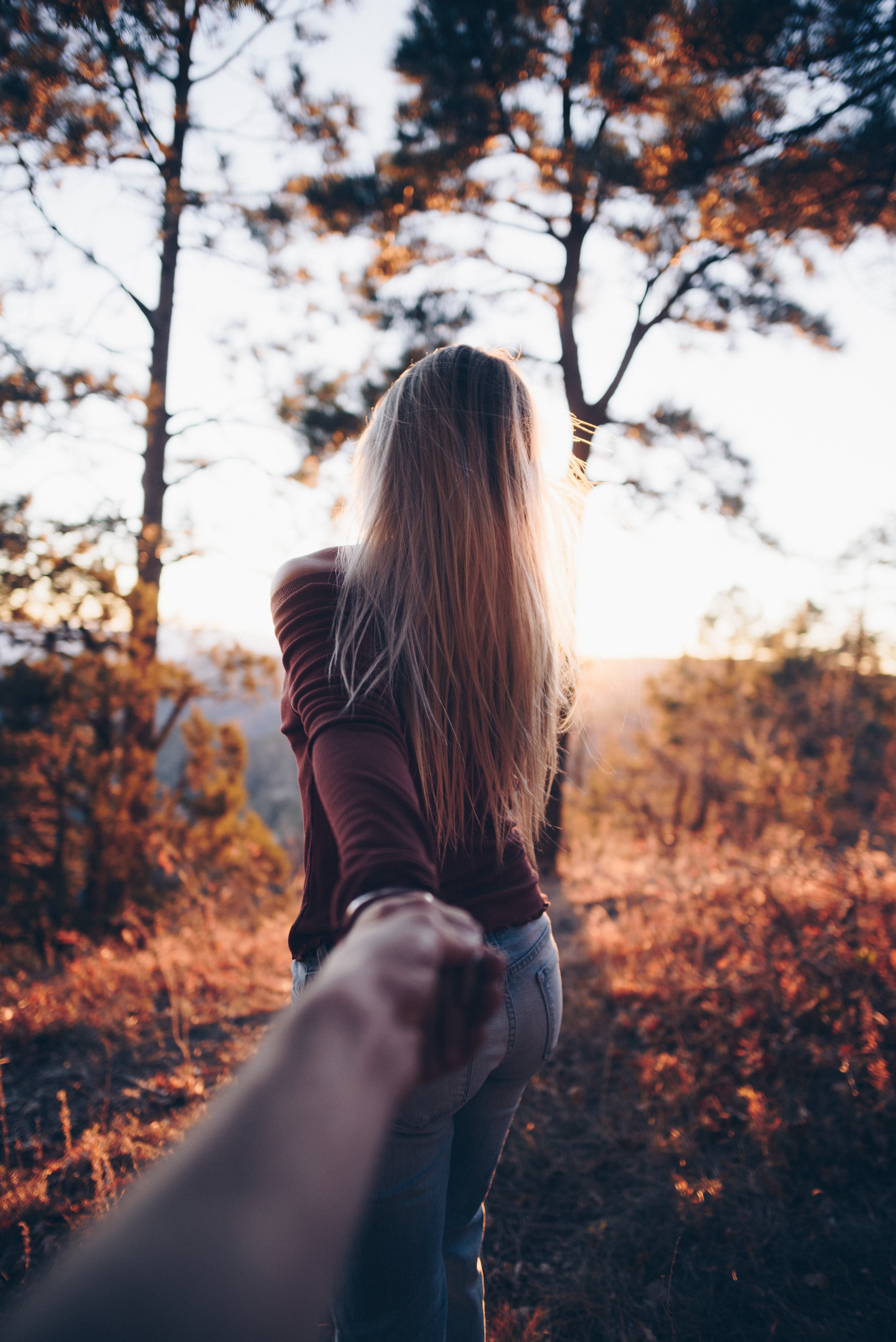 Couple holding hands in a field