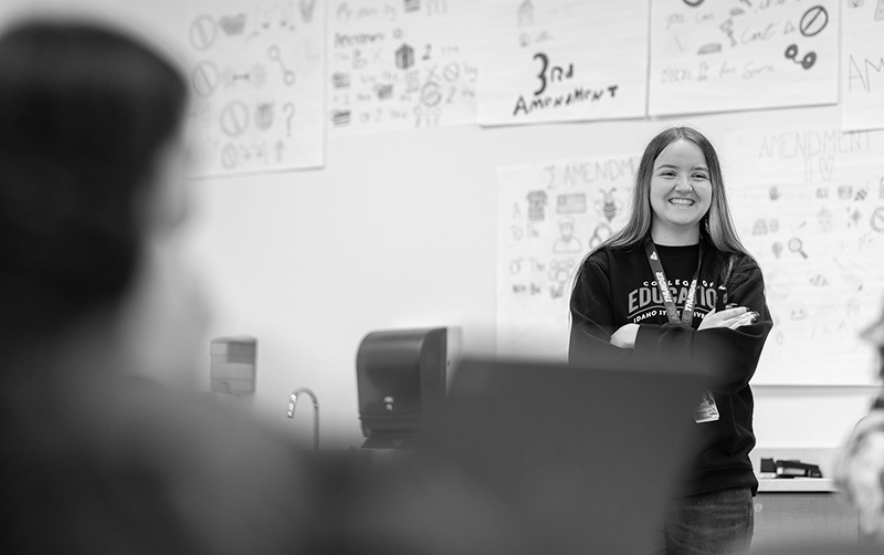 Idaho State University College of Education undergraduate student applies hands-on skills, knowledge, and learning in a secondary education classroom teaching students.