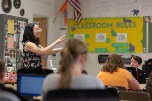 Idaho State University College of Education graduate from the secondary education program with a minor in English shares her knowledge and skills with middle schools students in the classroom.