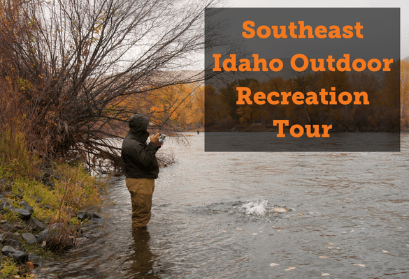 A man standing in a river in overalls, flyfishing. Text reads: Southeast Idaho Outdoor Recreation Tour. Links to youtube video.