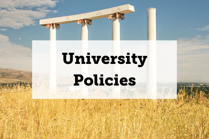 Image: ISU pillars with blue sky behind them. Text: University Policies. Links to University Policies page.