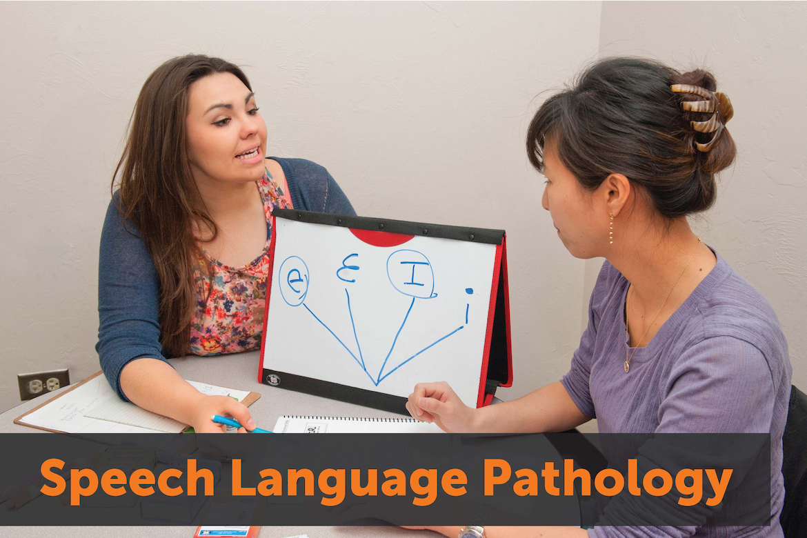 Image: Two women looking at a small whiteboard. Image Text: Speech Language Pathology. Links to Speech Language Pathology homepage
