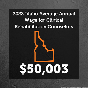 Top Text: 2022 Idaho Average Annual Wage for Clinical Rehabilitation Counselors. Symbol of the state of Idaho. Bottom Text: $50,003