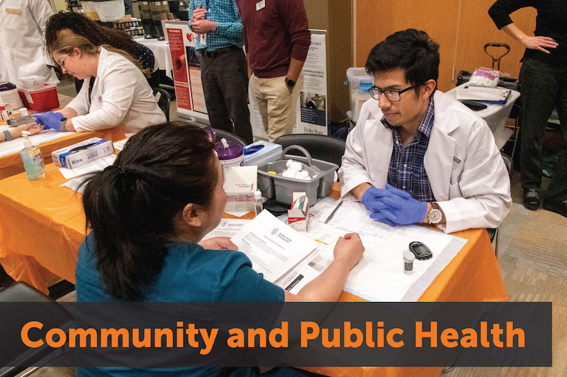 A group of medical students around a table Text reads: Community and Public Health. Links to community and public health main page
