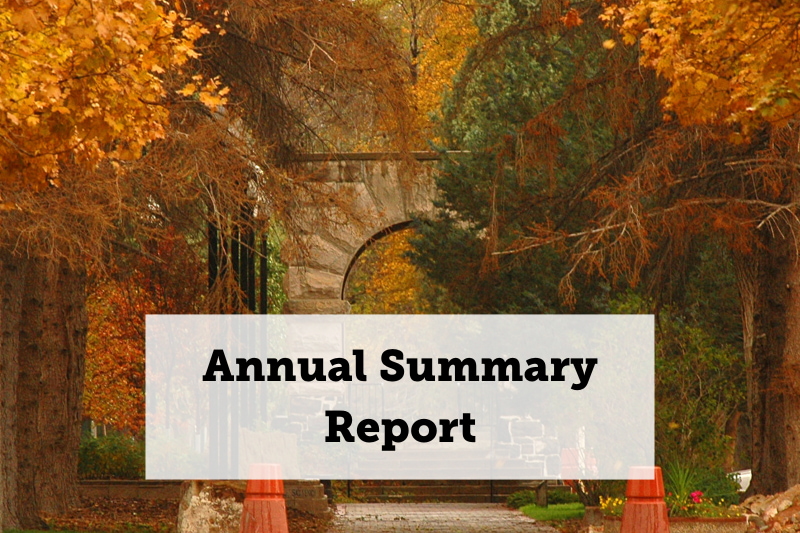 Image: The I.S.U. arch with trees in fall colors in foreground. Text reads: Annual Summary Report.