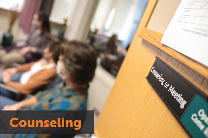 Image: A group of people sitting in a room. A sign on the door in foreground reads:  Counseling or Meeting. Text reads: Counseling. Links to Program homepage.