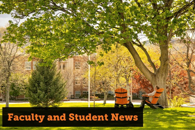 Image: Two people sitting in Adirondack chairs on the quad. Text: Faculty and Student news. Links to News pages menu