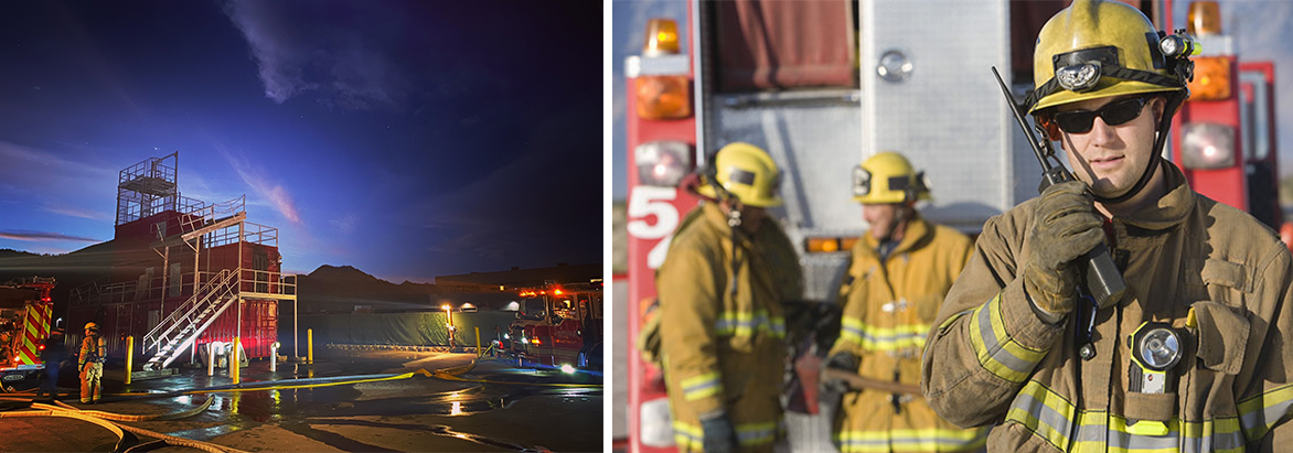 Fire fighters battle a blaze at a warehouse (left) and fire fighter commands a scene with walkie talkie in front of a fire truck (right)
