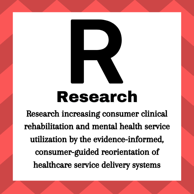 Line 1: Large R. Line 2: Research. Line 3: Research increasing consumer clinical rehabilitation and mental health service utilization by the evidence-informed, consumer-guided reorientation of healthcare service delivery systems.