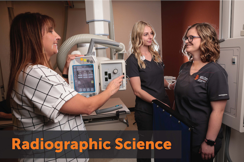 Two women prepare another woman to be scanned by an xray machine. Text: Radiographic Science. Links to program homepage.