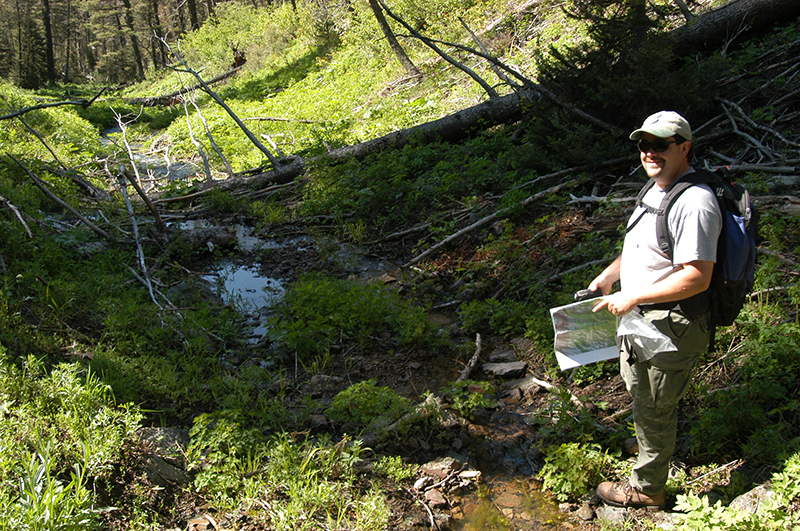06-23-04 Tony Lamansky conducting a stream survey; Rattle Snake Creek, near Spencer, Idaho	