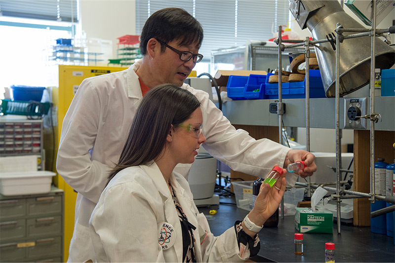 Dr. Joshua Pak, ISU Chemistry Department Chair, left, works with student-researcher Emily Morley in a lab on ISU’s Pocatello campus.